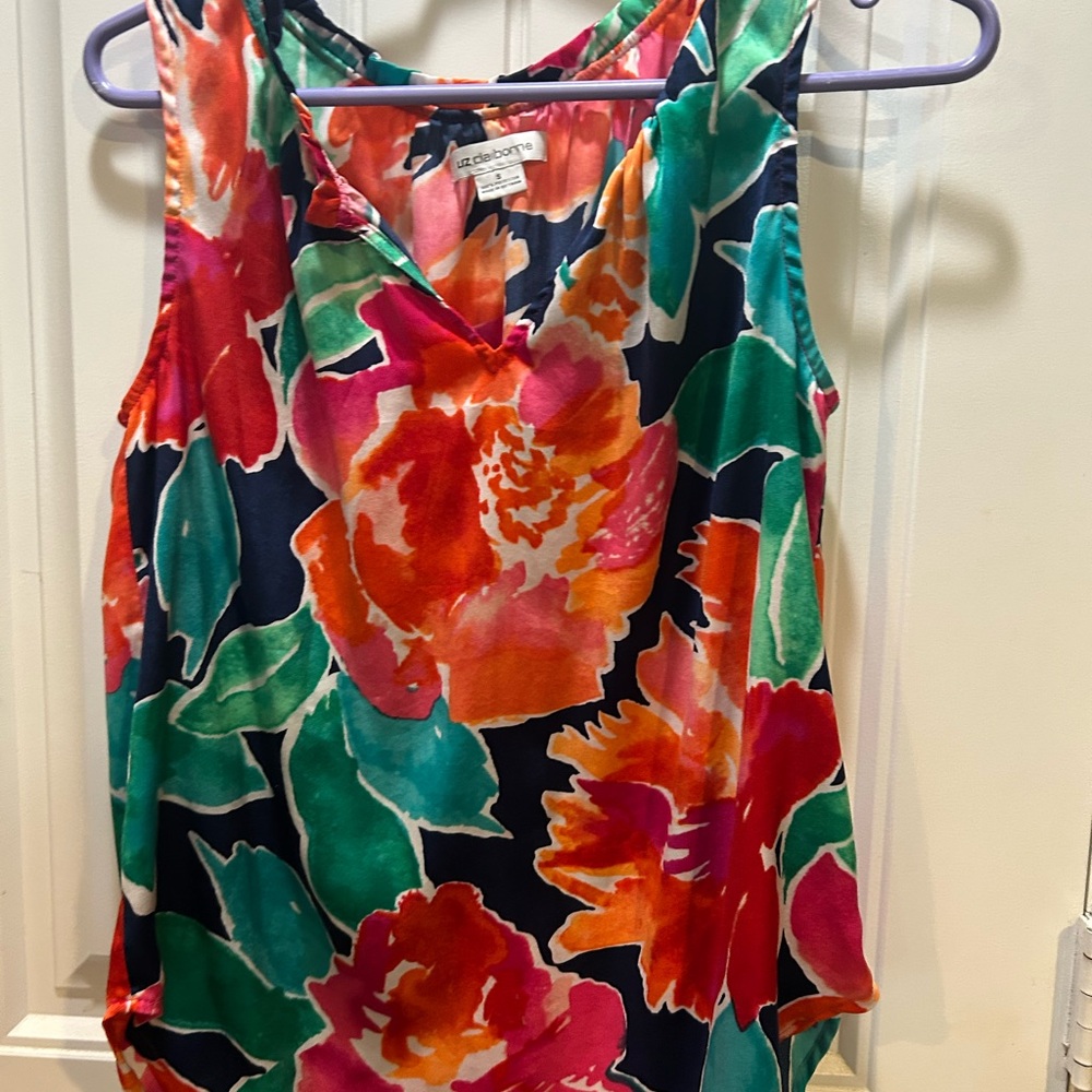 Liz Claiborne Navy Floral Sleeveless Camisole with Pink Orange & Green Blooms